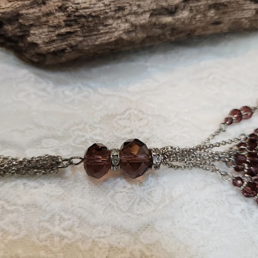 Boho Silver Toned Multi-Chain Long, Plum Glass Beaded, Tassel Y Necklace